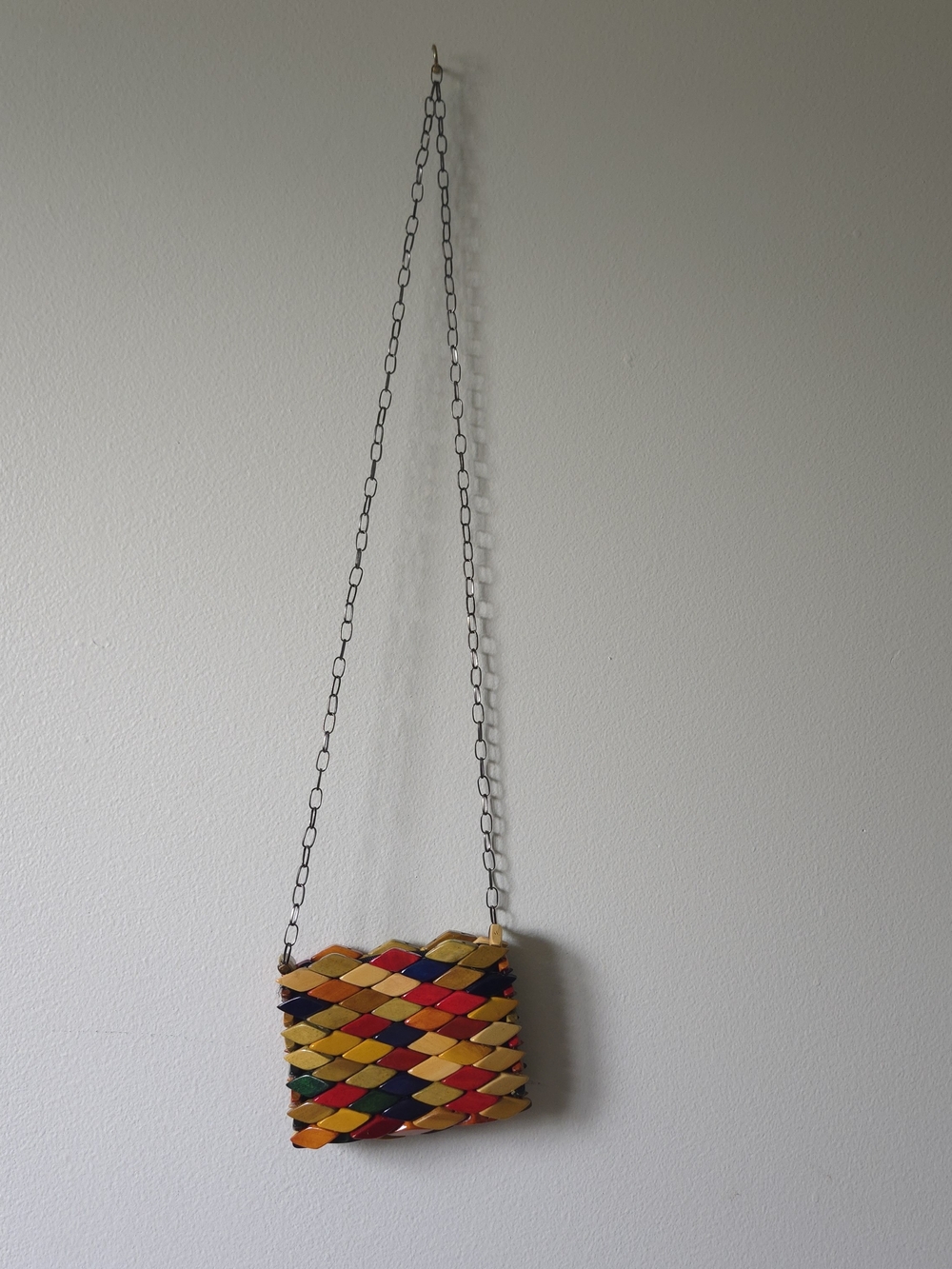 Retro Brazilian Style Wooden Tile Shoulder Bag Multicolor Diamond Woven